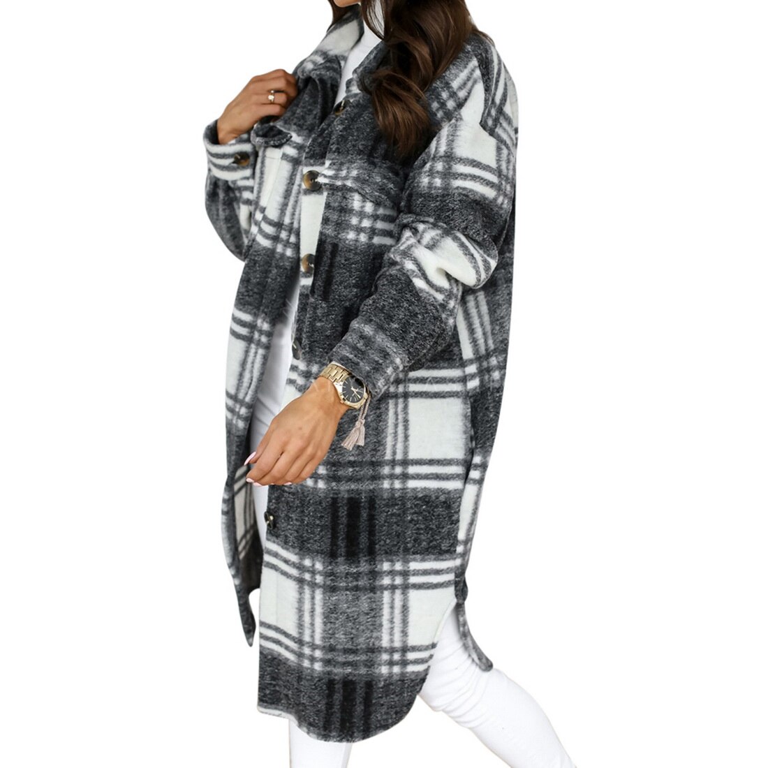 Kancool Gecontroleerd Vrouwen Jas Down Overjas Warme Plaid Lange Knop Revers Jas Oversized Dikke Wollen Blend Vrouwelijke Streetwear: Black / Xl
