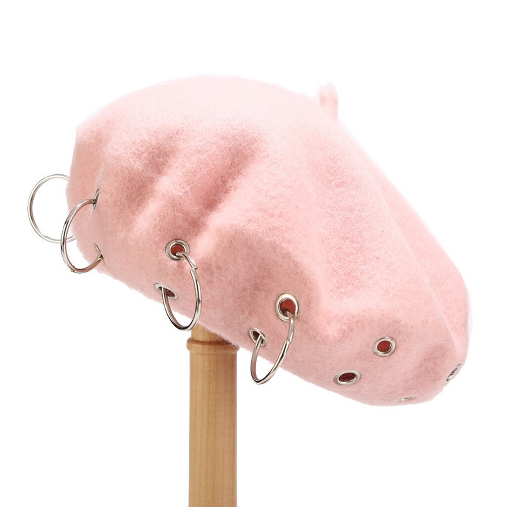 Ijzeren Ringen Harajuku Baretten Vrouwen Mooie Vintage Punk Rock Stijl Ijzeren Ringen Baret Caps Retro Wol Hoeden Wollen Schilder Baret # PP2: Pink 