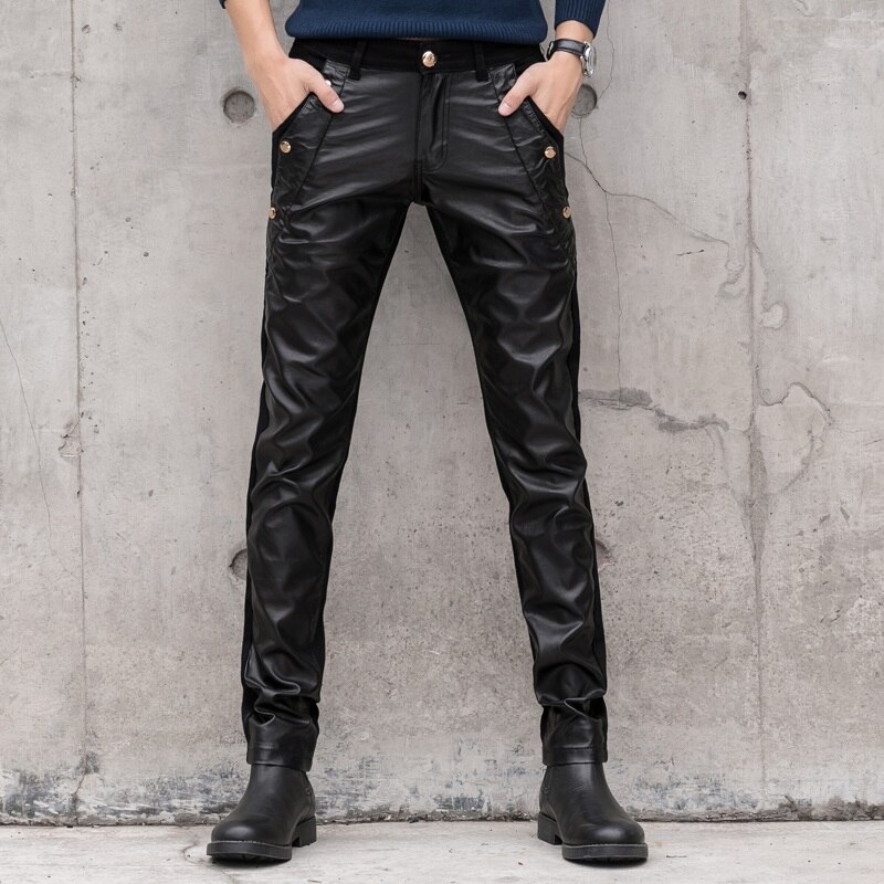 Mænds bukser imiteret læder jeans spliced denim bukser male stretch slim fit punk stage singer motorcykel casual bukser mænd: 30