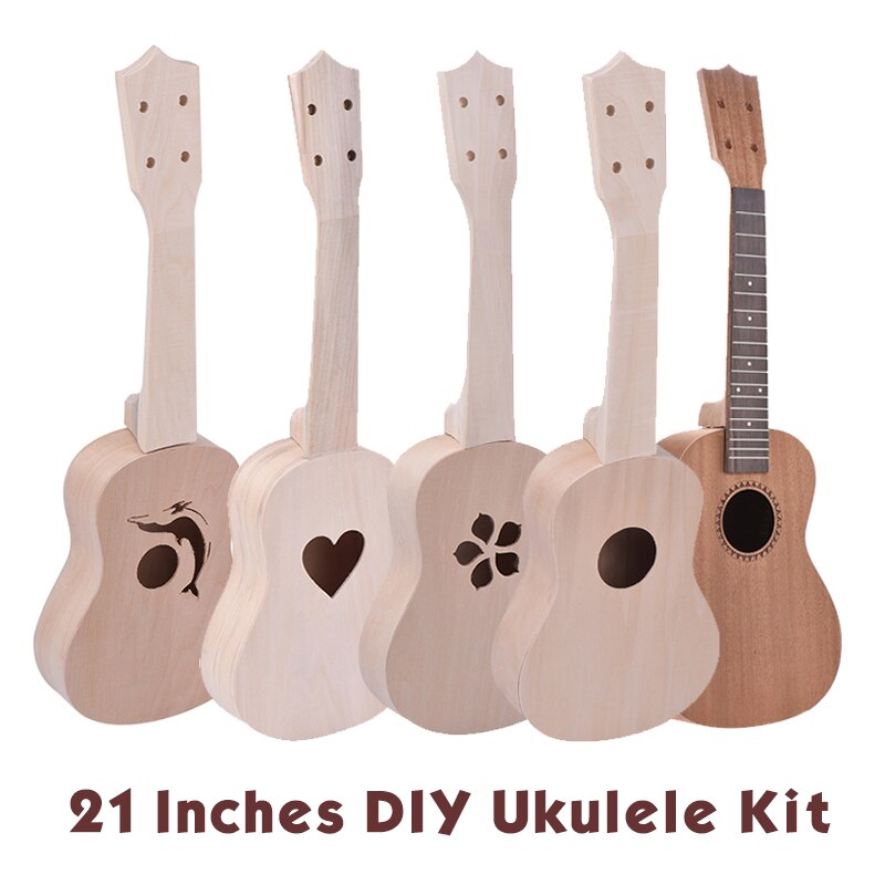 21 tuuman keskeneräinen tee-se-itse ukulele ukulele setti lehmuspuusta valmistettu runko ja kaula, muovinen otelauta ja talla, nailonkielet ukulele-harrastukseen