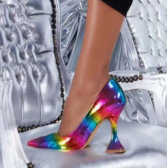Echte foto kleurrijke regenboog bedrukte puntige neus vrouw dame vrouw 8cm hoge hakken pump