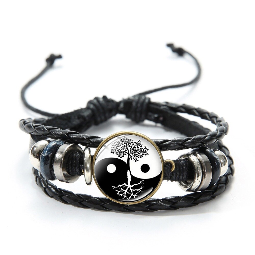 Steampunk Gear Yin Yang plecione skórzane bransoletki dla kobiet mężczyzn Tai Chi drzewo życia artystyczny wzór szklaną kopułą Charm bransoletka