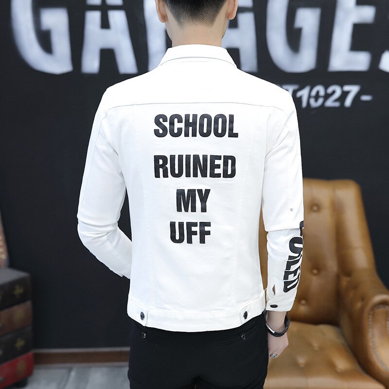 Veste d'automne pour homme, vêtement de rue bleu clair, en Denim, avec impression de l'alphabet, poches en Patchwork, en coton, manteaux décontractés