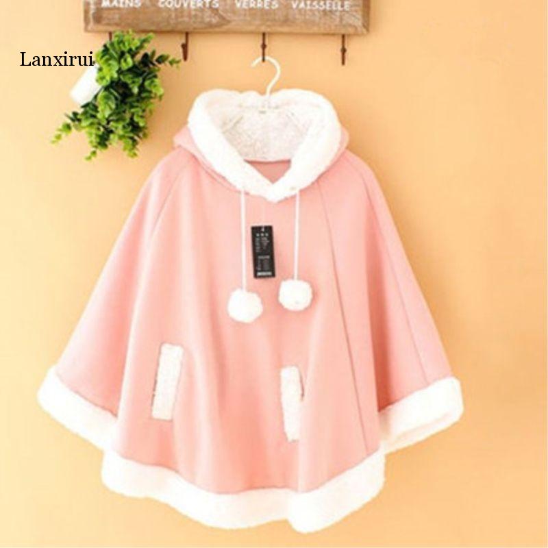 Japanese Kawaii Cloak Women Autumn Winter Hooded Poncho Cape Coat Girls Padded Cute Pullover Capes Femme Shawl 23422: Pink