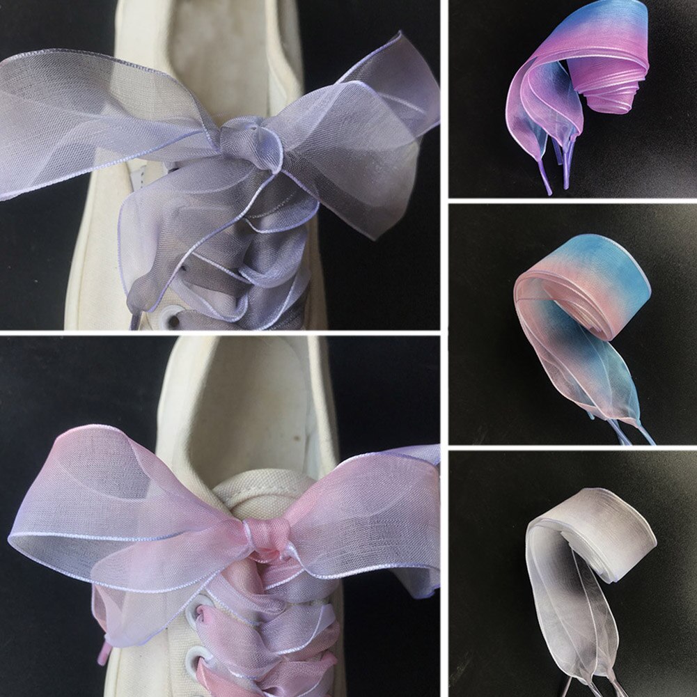 1 Paar 2.5Cm Breed Organza Lint Veters Sportschoenen Sneakers Strik Platte Schoenveters Gradiënt Kleur Doorschijnend