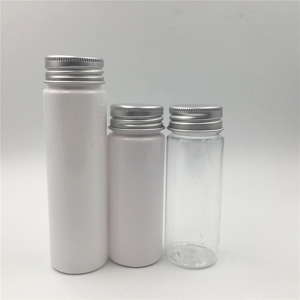 50 Uds., , 50 ml 80 ml, botellas de plástico transparentes vacías, tapa de aluminio, pegatinas selladas, envases de empaquetado de muestras