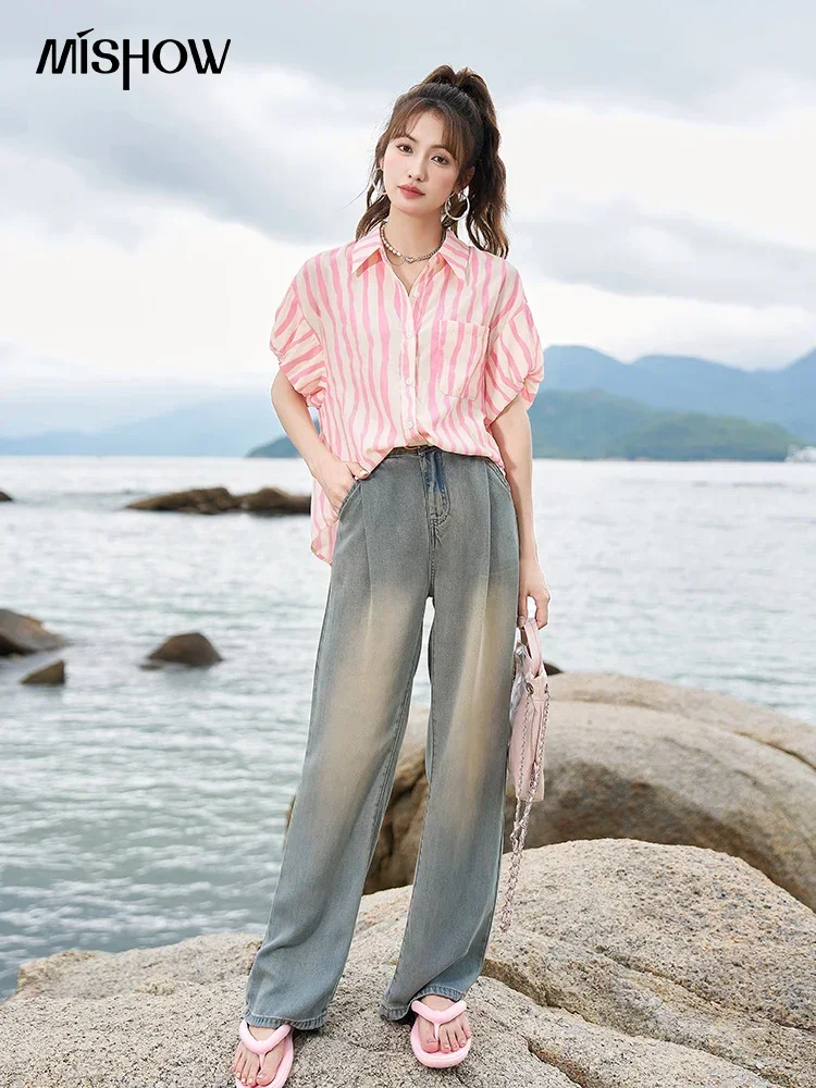 MISHOW-Chemise rayée à manches bouffantes pour femme, col polo, poche, décontracté, bureau, été, coréen, 2023, MXC38C0072