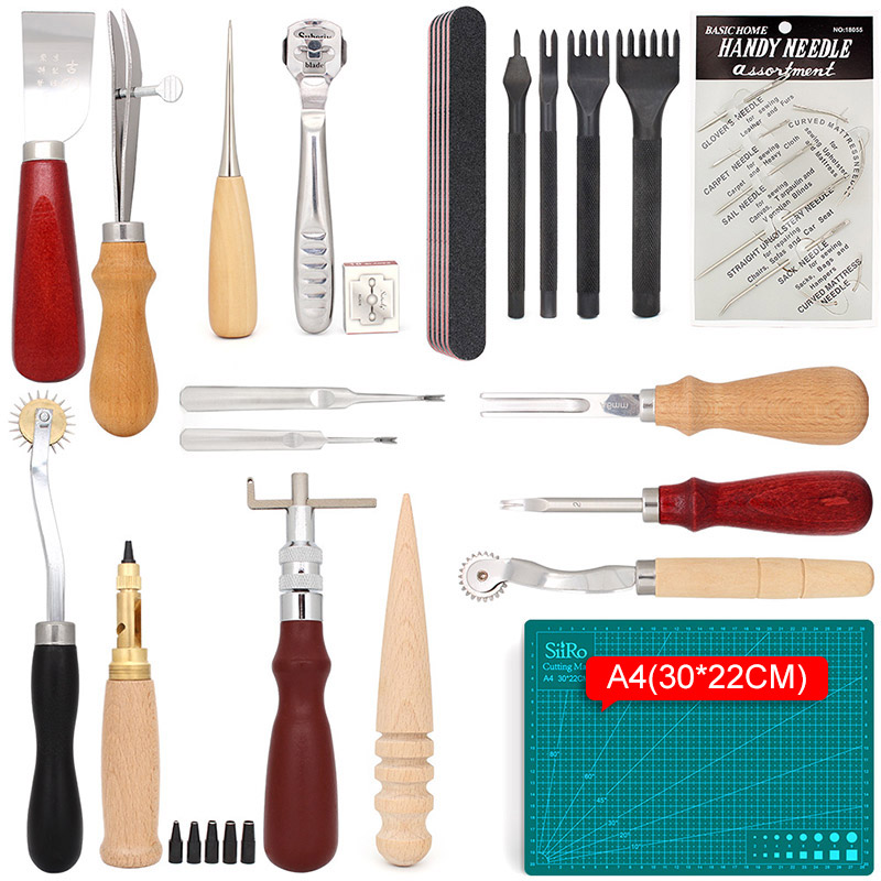 Leather Kit Leathercraft Working Tool Kit with Cutting Mat Saddle Making Tool Set Prong Punch Knife for Leather Craft Making DIY: Tool Sets and A4
