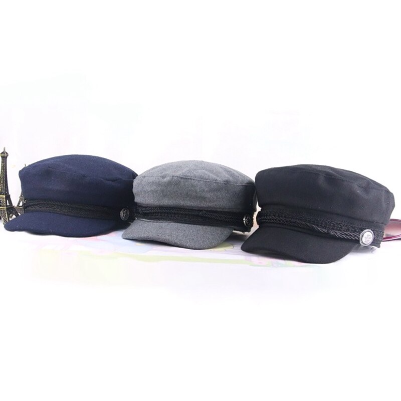 Casual Street wear cuerda gorra plana sombrero negro invierno gorro lana mujeres botón Cap