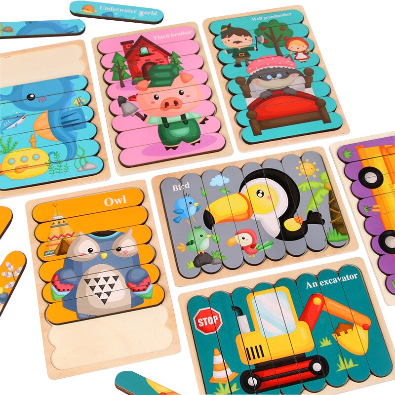 Verkehrs Baby Holz Spielzeug Doppelseitige Puzzles Montessori Materialien Pädagogisches Spielzeug Für Kinder Große Ziegel Kinder Lernen Spielzeug