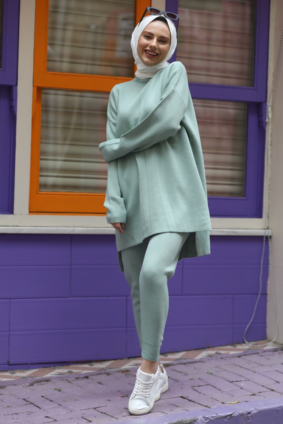 ‎Tight Leg Knitwear Team‎ Sports set outfit for Muslim women Hijab İslamic Clothing young Muslim women's style Dubai Turkey: cyan