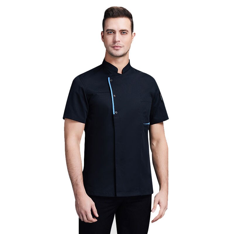 Chef uniform male chef's clothes catering hotel hotel uniforms male thin with short sleeves are three summer blue edge