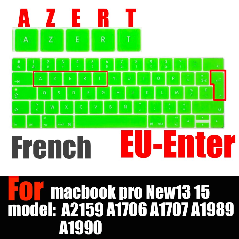 Francuski układ osłona klawiatury ue dla macbook touchbar 13 "15" A1990 A1989 A1707 A1706 folia ochronna na klawiaturę laptopa AZERT: green