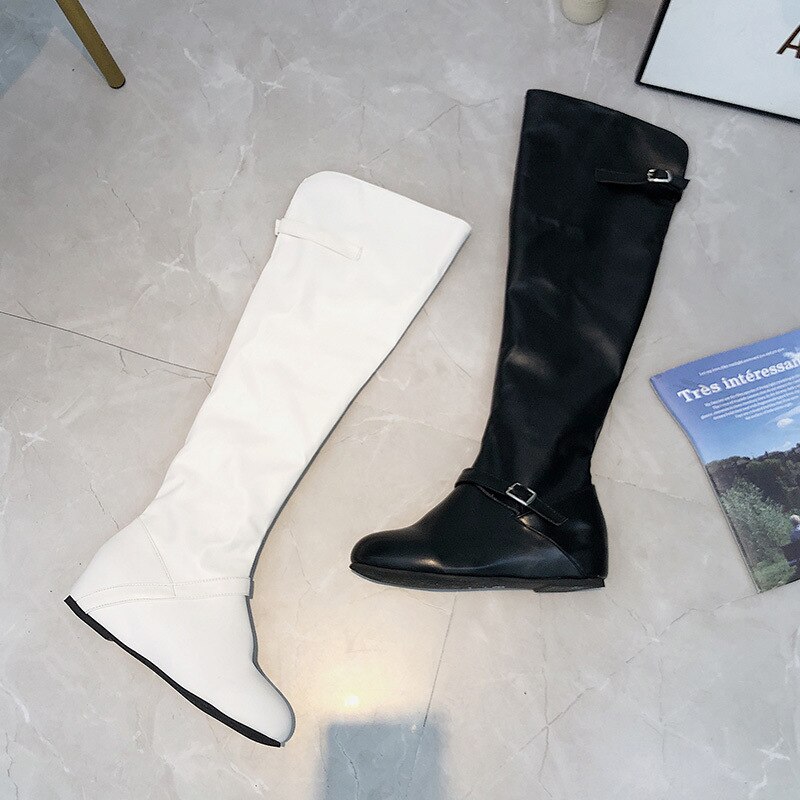 Botas por encima de la rodilla con hebilla de cinturón alto, talla grande, Blanco
