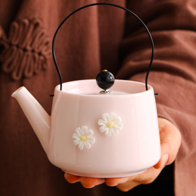 Household Kung Fu Tea Set Plates for Food Dry Bubble Tea Tray Complete Tableware Service Ceramic Pot Holder Handmade Dinnerware: Pink Beam Pot