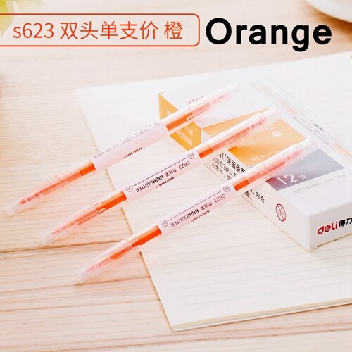 12PCS/BOX Deli S623 Double side Highlighters pen marker pen 6 colors Oblique & Round head double side highligters office school: Orange