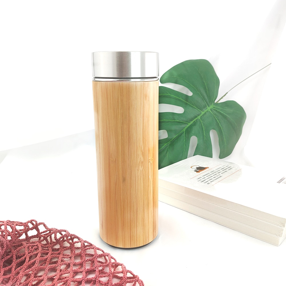 Natuurlijke Bamboe Tumbler 450Ml Roestvrijstalen Voering Thermosfles Thermosflessen Geïsoleerde Flessen Bamboe Cup Voor Thee