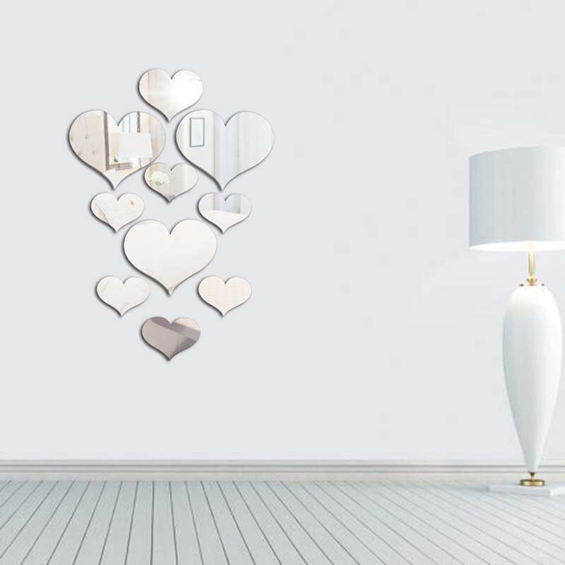 10pcs Love Heart Mirror Wall Sticker Acrylic 3D Mural Decal Removable Bedroom Decoration Wallpaper DIY Decal Art Home Stickers