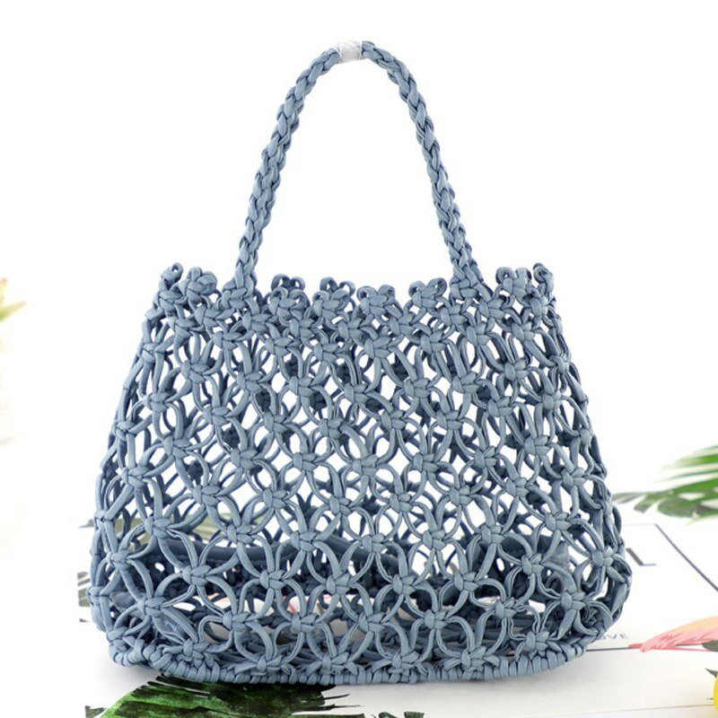 copper coin buckle handmade PU woven bag hand grid cutout straw bag casual woven bag