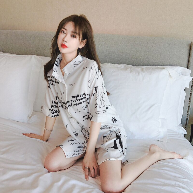 Zomer Vrouwen Wit Nachthemd Nachtkleding Turn-Down Kraag Sexy Chiffon Casual Modieuze Pyjama Halve Mouwen Print