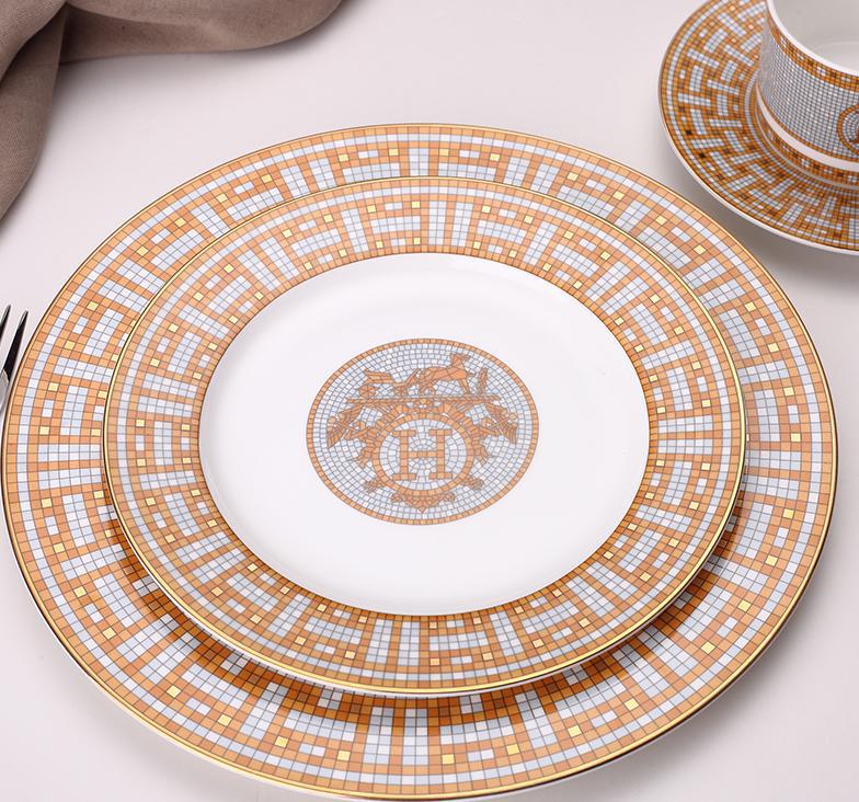 Ceramic Dinner Plates Geometric Pattern Ceramic Dish Dinner Plate Yellow Grid Dinnerware Set dessert plate dinnerware cake plate