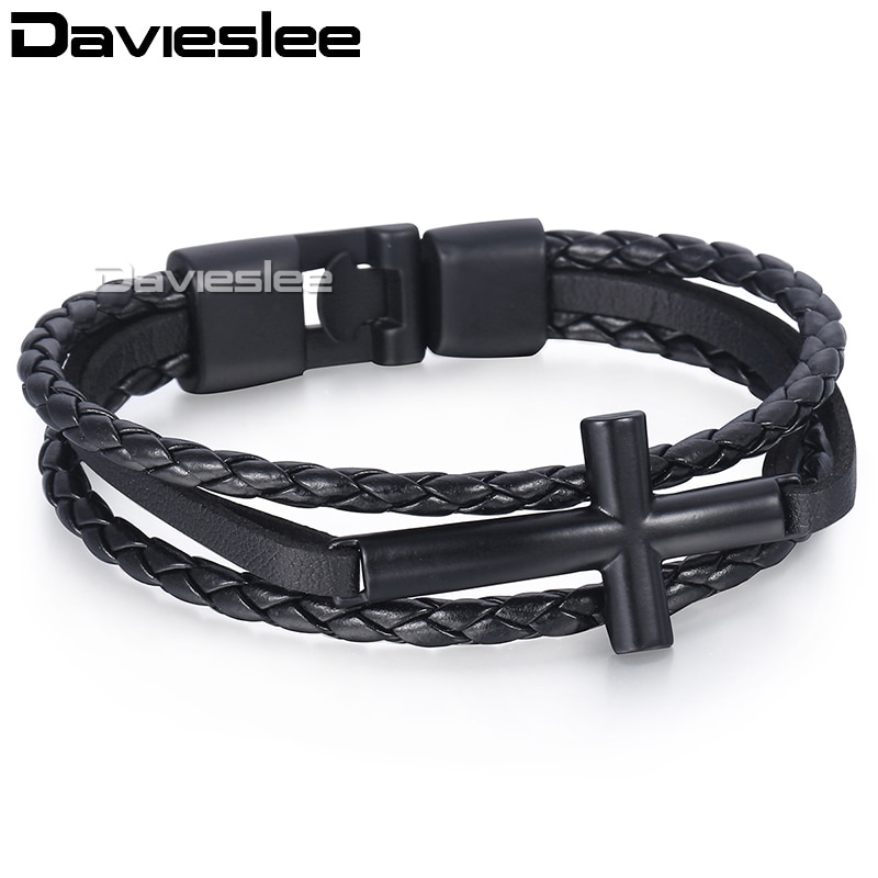 Davieslee Womens Mens Chain Cross Charm Bracelet Wristband Man-made Leather Braided Rope Link Black Silver Color 11mm LLBM117