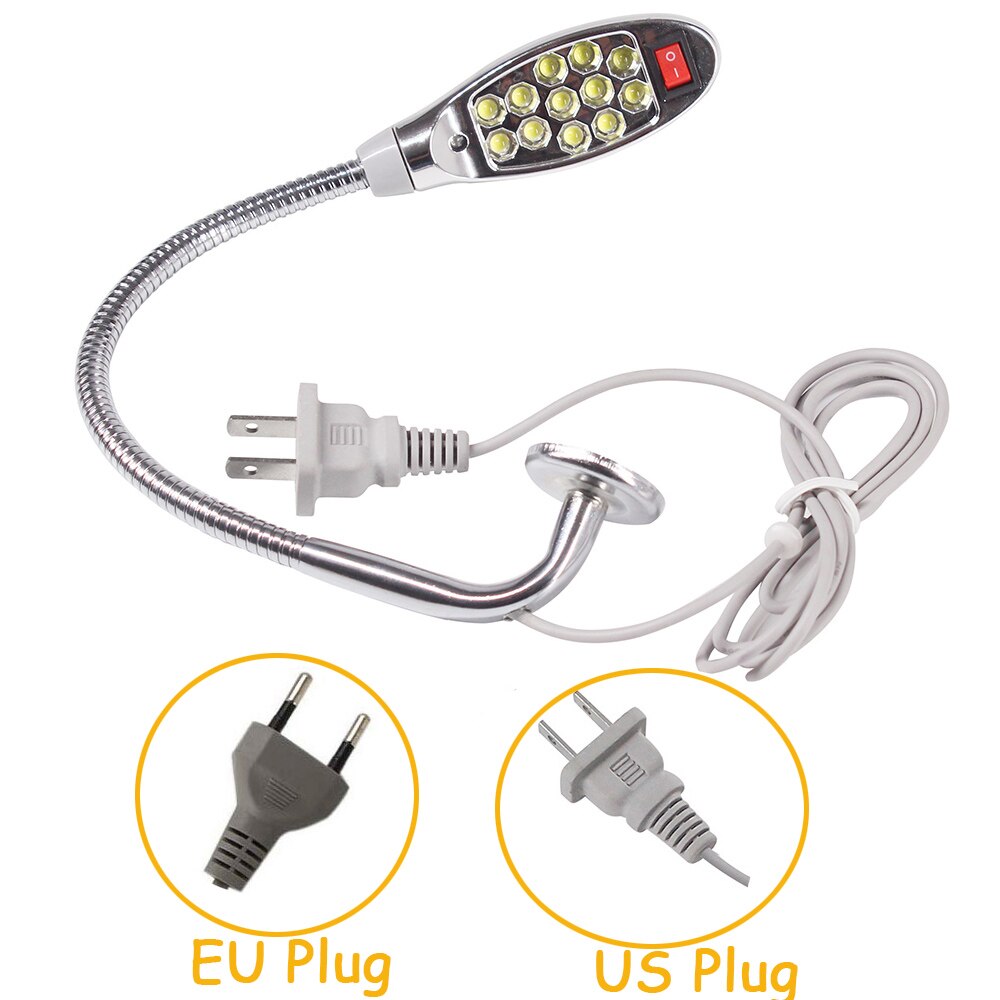 Lâmpada pescoço de ganso para máquina de costura, super brilhante 12/18 led, base de montagem magnética, lâmpada para máquina de costura, torno, iluminação industrial