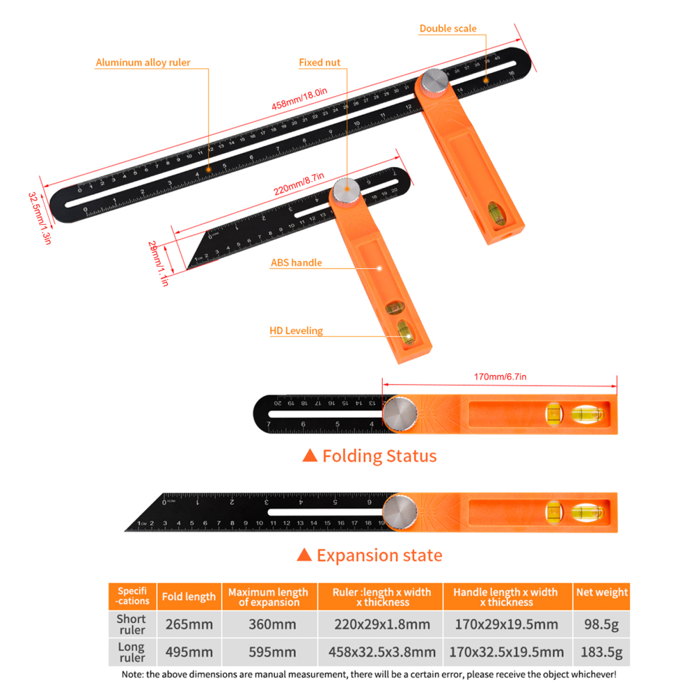 T-Bevel Square Angle Protractor Level Work Tool Steel Multi-angle Inch Multipurpose Carpenter Measuring