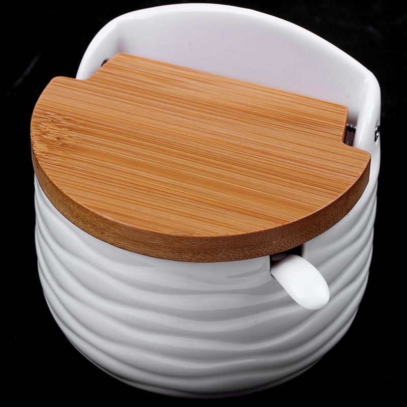 Sucrier, sucrier en céramique avec cuillère à sucre et couvercle en bambou pour la maison et la cuisine moderne, blanc, 8.58 FLOZ (254 ML)