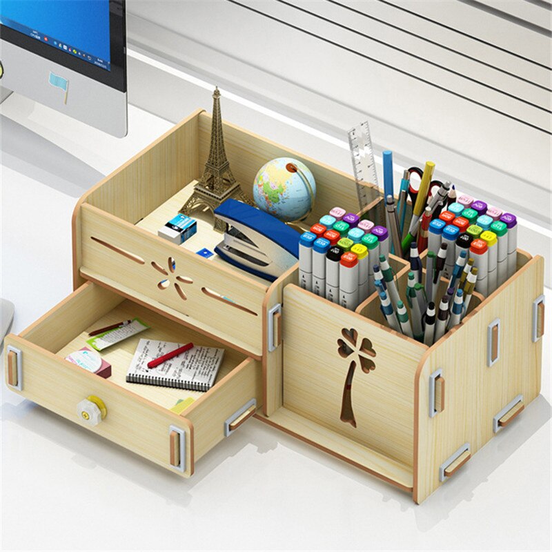 Ayane Pen pencil holder Receiving Box Desktop Learning Penholder Office desk organizer storage rack supplies wood: A beige