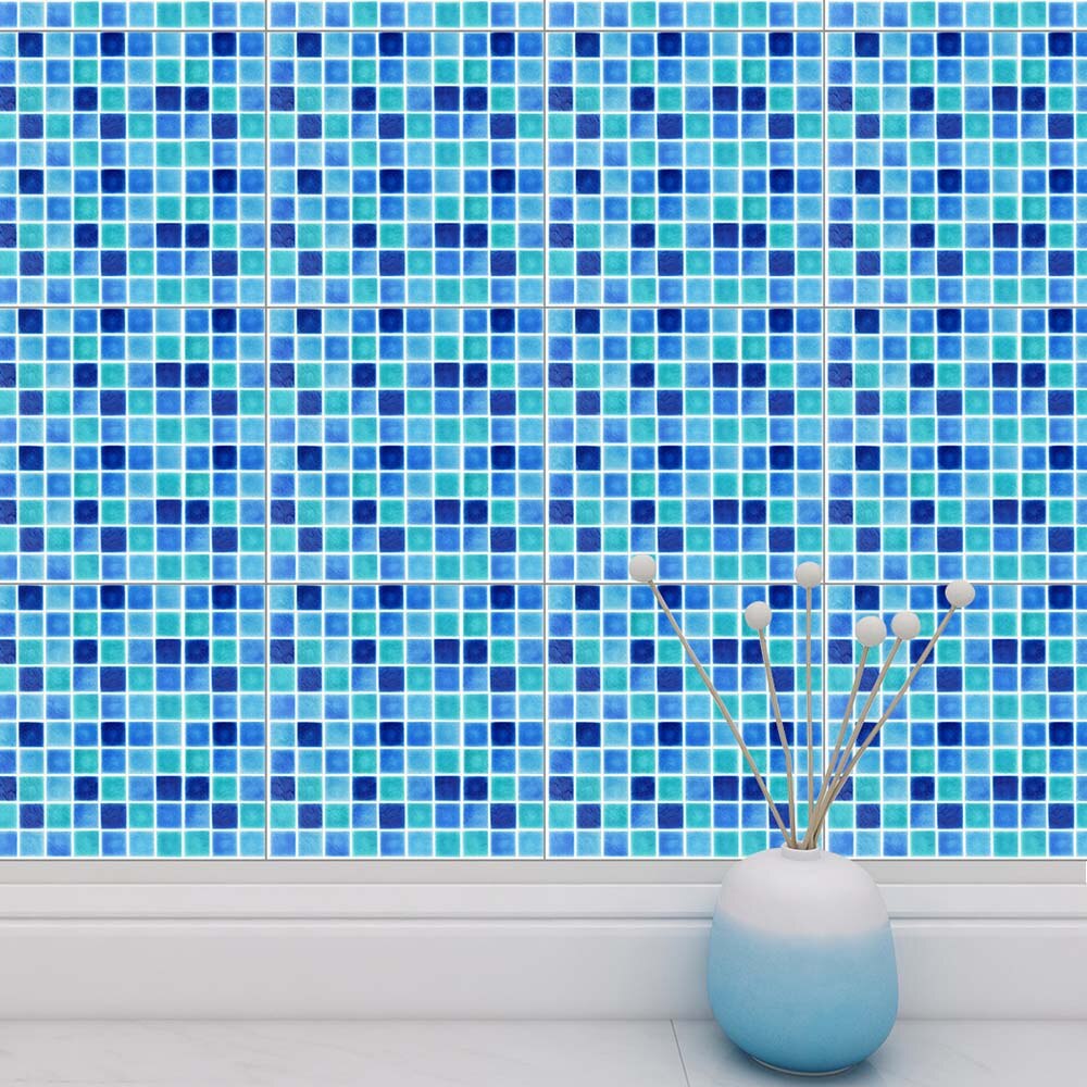 10 stuks/set platte kristal mozaïek tegel muurstickers waterdicht anti-olie zelfklevend blauw doe-het-zelf muurschilderingen huisdecoratie peel & stick
