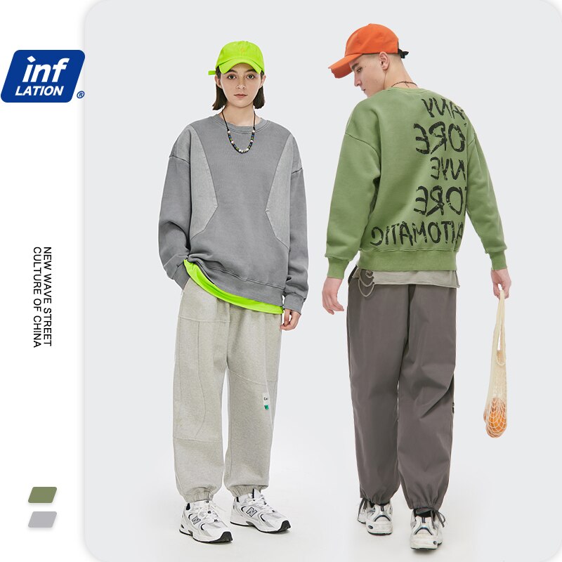 Inflation dreng sweatshirt streetwear grøn sweatshirt herre fleece farve blokbogstaver hip hop oversize sweatshirt mand 1406w