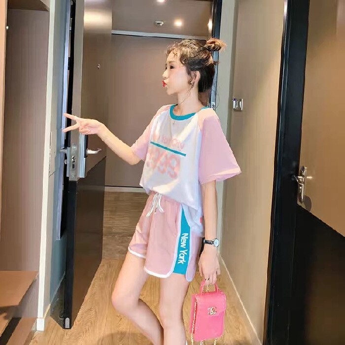 Women's Two-piece Suit Female Students Loose Summer Clothes Short-sleeved T-shirt Outdoor Vacation Breathable Cool Suit