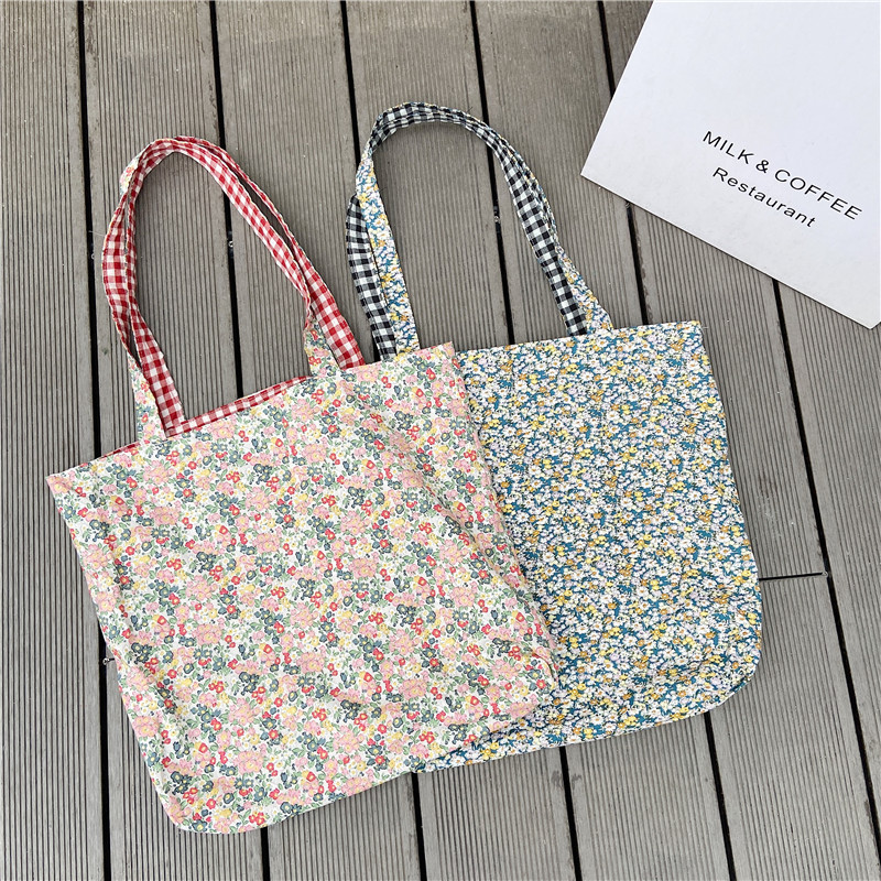 lässig Plaid Blume Frauen Einkaufstasche Große Kapazität Damen Täglichen Tote Handtaschen Baumwolle Tuch doppelseitige Mädchen Schulter Taschen