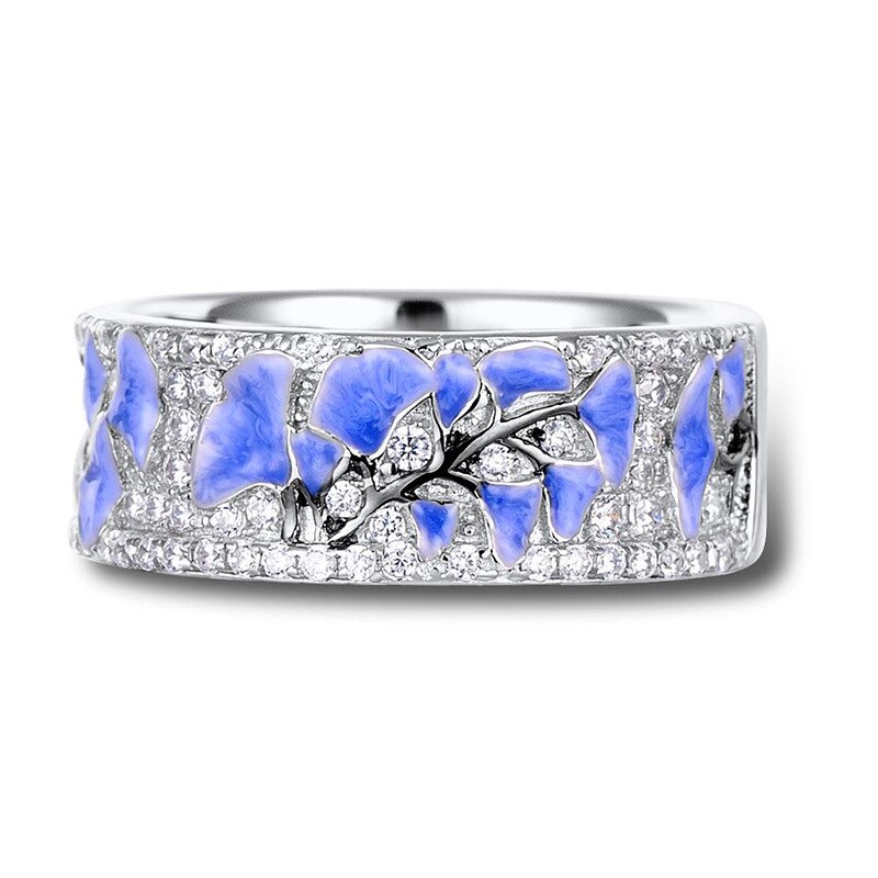 Vrouwen Sieraden Exquisite Elegante Blauwe Bloem Ring Zirkoon Crystal Bruid Engagement Trouwringen