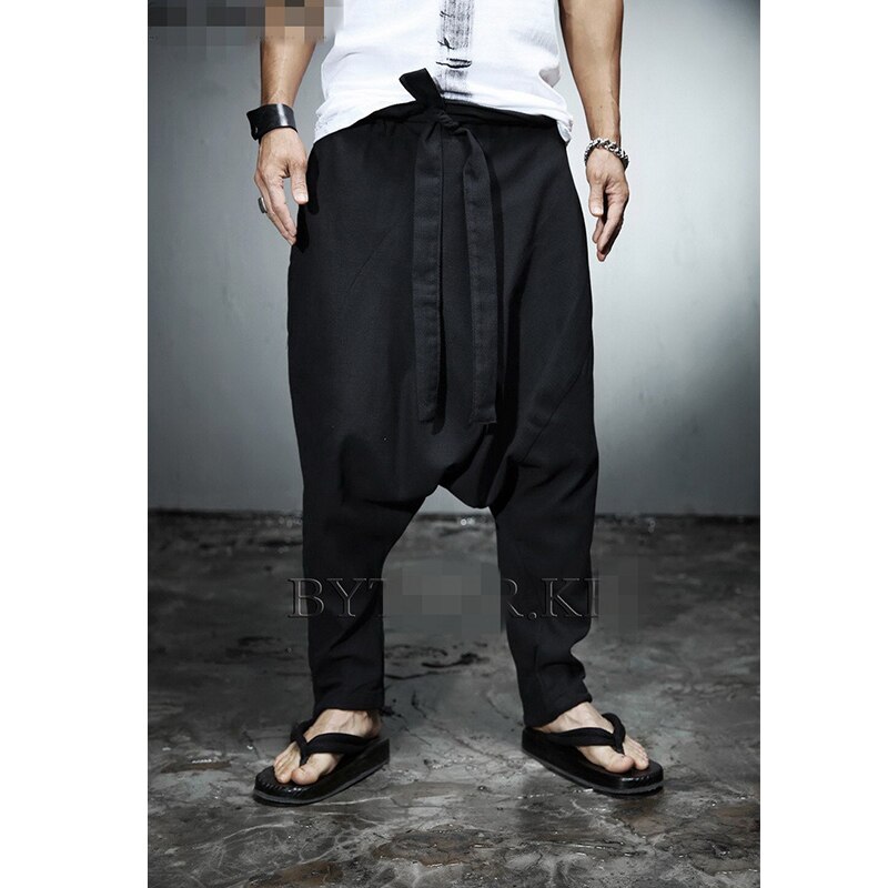 Juventude coreana hip hop masculina baixa virilha moda tendência rendas até calças casuais harem calças de linho calças soltas personalidade: XL