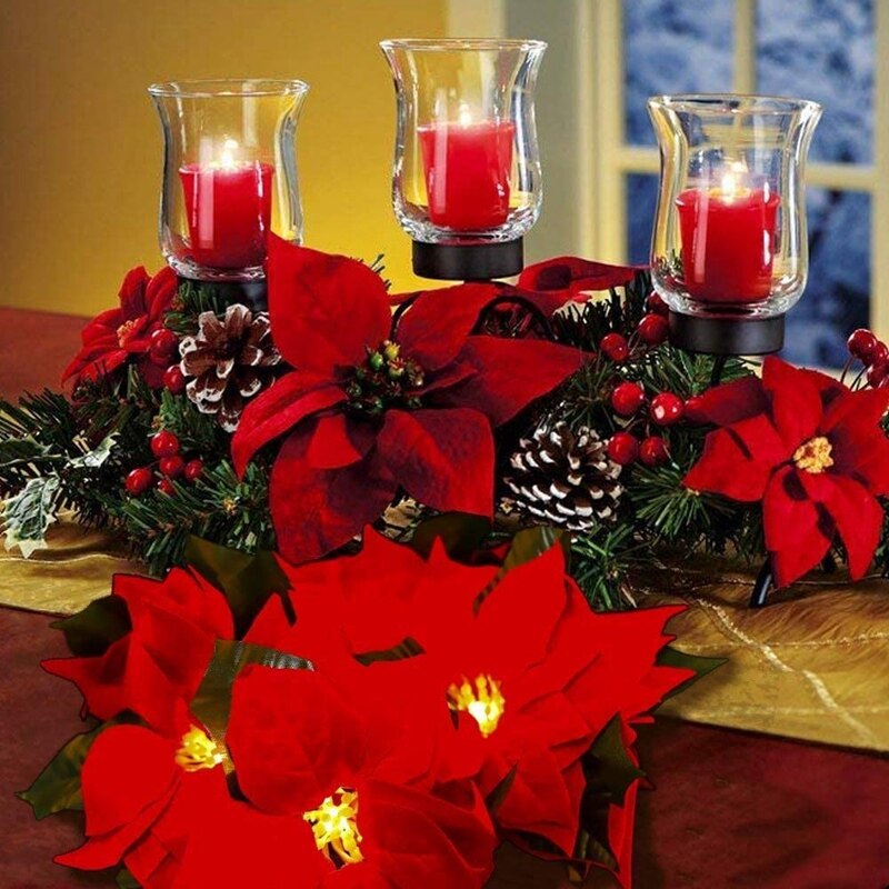 2Pcs Artificial Christmas Poinsettia Garland with Holly Leaves and Berries for Christmas Party Front Door Wreath Decor