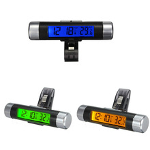 2- in -1 auto lcd clip-on digitale temperatuur thermometer klok kalender auto blauwe achtergrondverlichting klok
