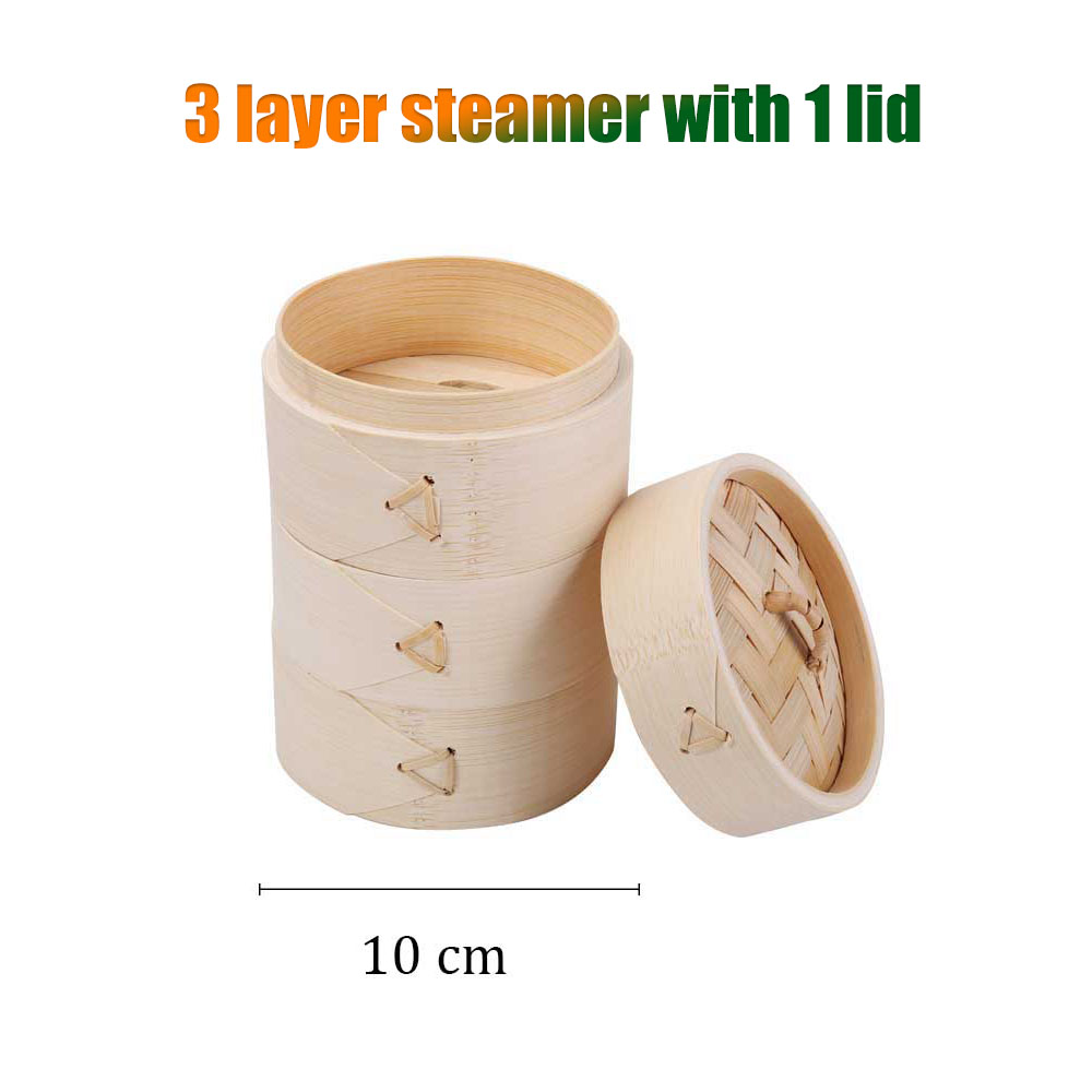 Bambus Dampf Dampfer Herd Korb Knödel Dim Sum Frühstück Gedämpfte Brötchen Knödel Eier Fisch Home Business Verwenden Hand Poliert: 10cm 3steamer 1lid