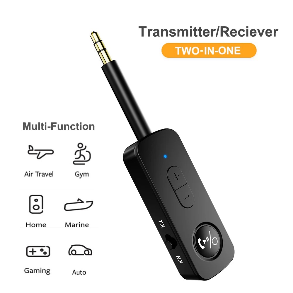 Bluetooth 5.3 Audio Transmitter Receiver 3.5MM AUX Hifi Stereo Music Wireless Adapter With Mic For Car Airplane TV PC Headphone: WHITE