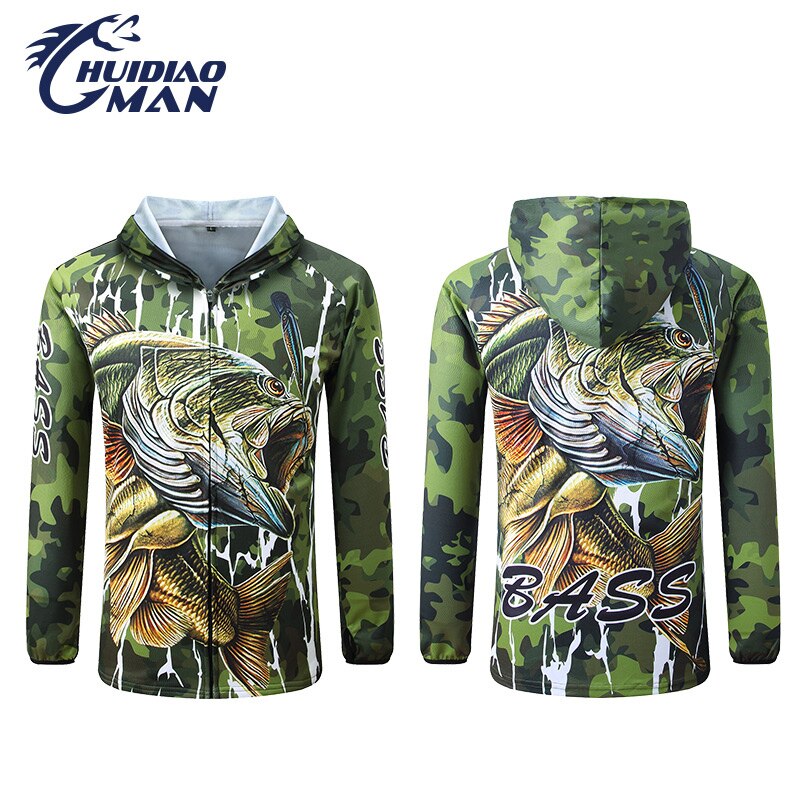 Sommer fisketøj sæt uv is silke hættetøj solbeskyttelse langærmet bas t-shirt bukser åndbar camouflage grøn