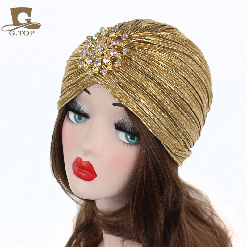 Damer guld sølv diamant juvel turban hatte til kvinder chemo bandana hijab plisseret indian cap turbante hat