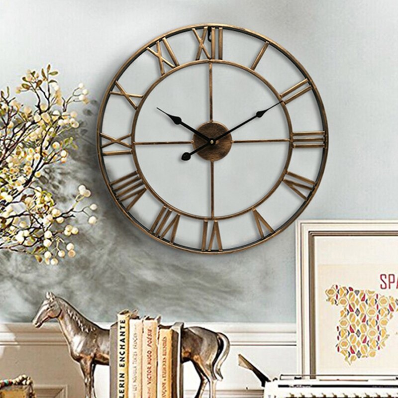 Nordic Roman Numeral Metal Wall Clocks Retro Hollow Iron Round Art Black Gold Large Outdoor Garden Clock Home Decoration 40CM
