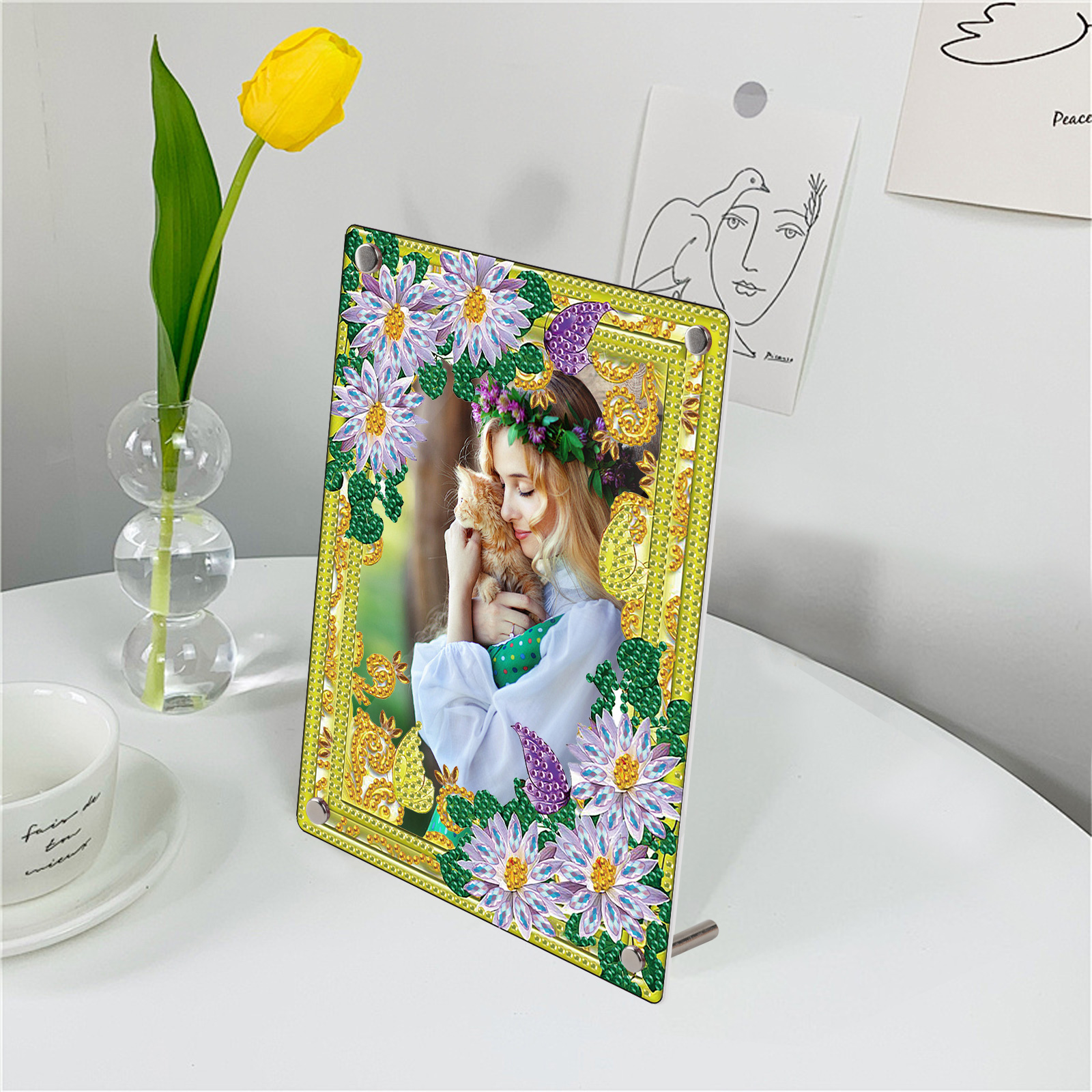 Diamond Art Painting Desktop Ornament Picture Frame Kit,Flowers Special Shape Crystal Acrylic Picture Frame Home Desktop Decor