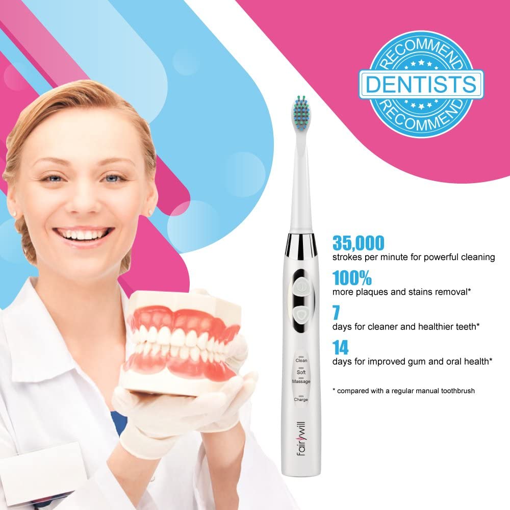 Fairywill Electric Sonic Rechargeable FW-917 Toothbrush USB Fast Charge Waterproof Electronic Tooth Replacement 3 Heads For Adu