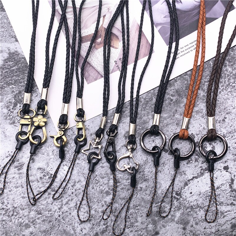 Cordón de cuero PU cuerda trenzada hebilla redonda de cobre antiguo excelente correa para llaves Tarjeta de Identificación pase gimnasio USB Cordón de teléfono móvil