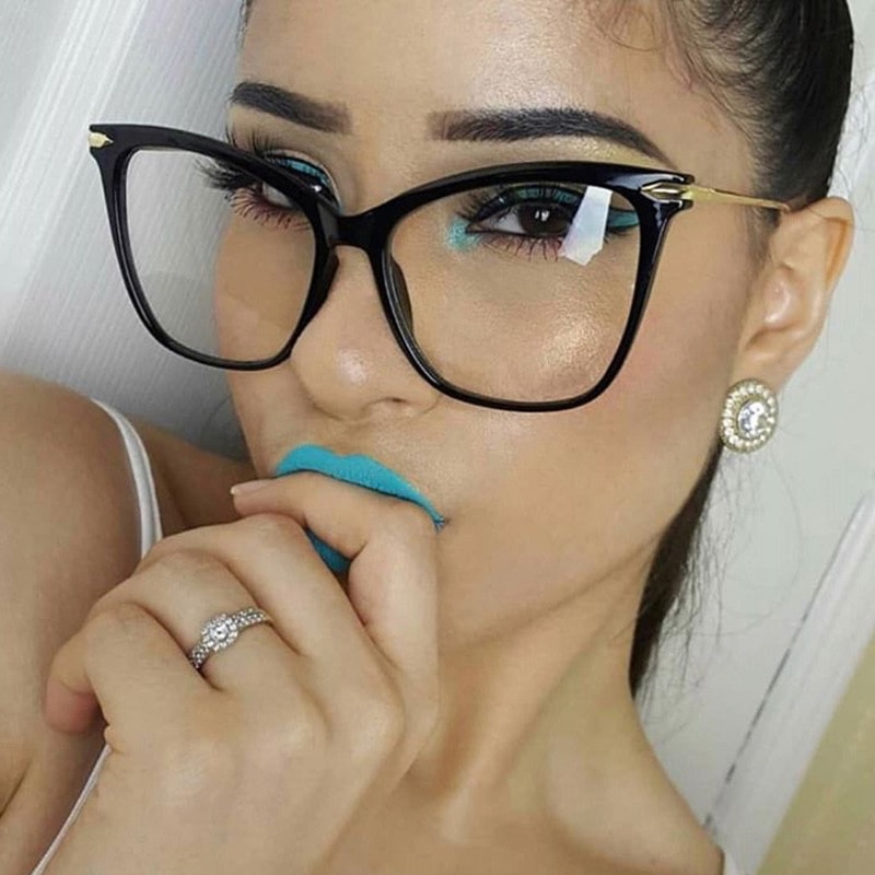 Montura de gafas para mujer, lentes ópticas transparentes de ojo de gato, montura de Metal, a la , montura de gafas negras,