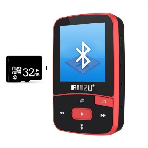 Ruizu X50 Sport mini clip mp3 player with fm tf card slot music player: red with 32gb