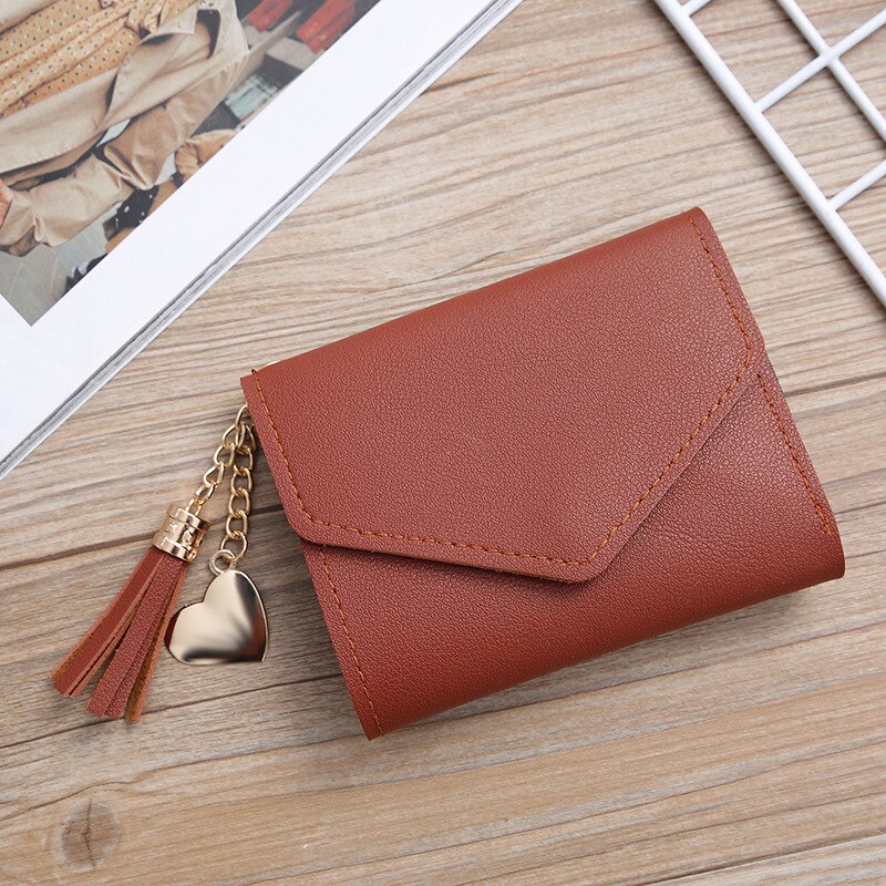 Women Wallet Cute Student Tassel Heart Pendant Short Wallet Small PU Wallet Coin Purse Ladies Card Bag For Women: brown