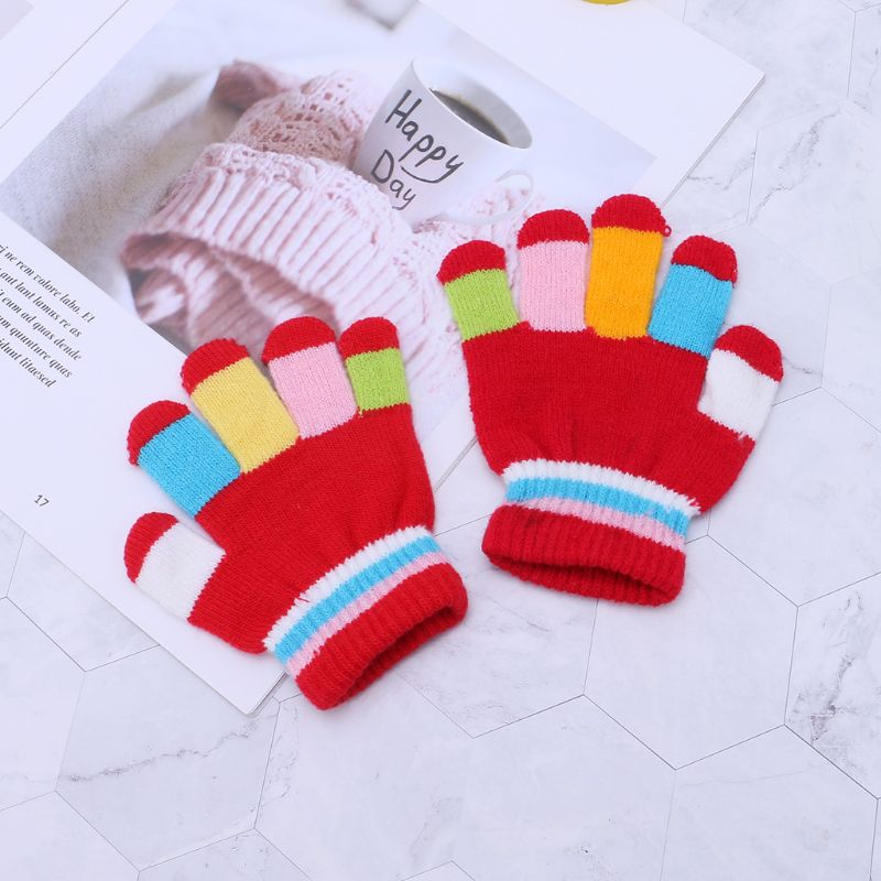 1 Pair Kids Gloves Full Finger Warm Winter Children Colorful Stripe Knitted Boys Girls Solid Glove Multi Color Elastic